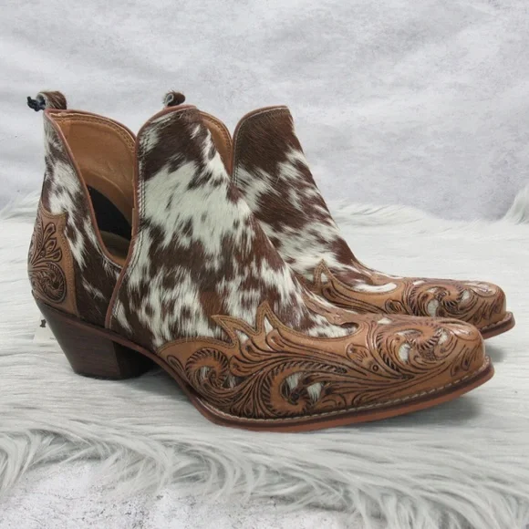 MYRA Western Boho Horse Jane Tooled Leather Hairon Calf-Hair Ankle Booties 10 - Picture 3 of 11